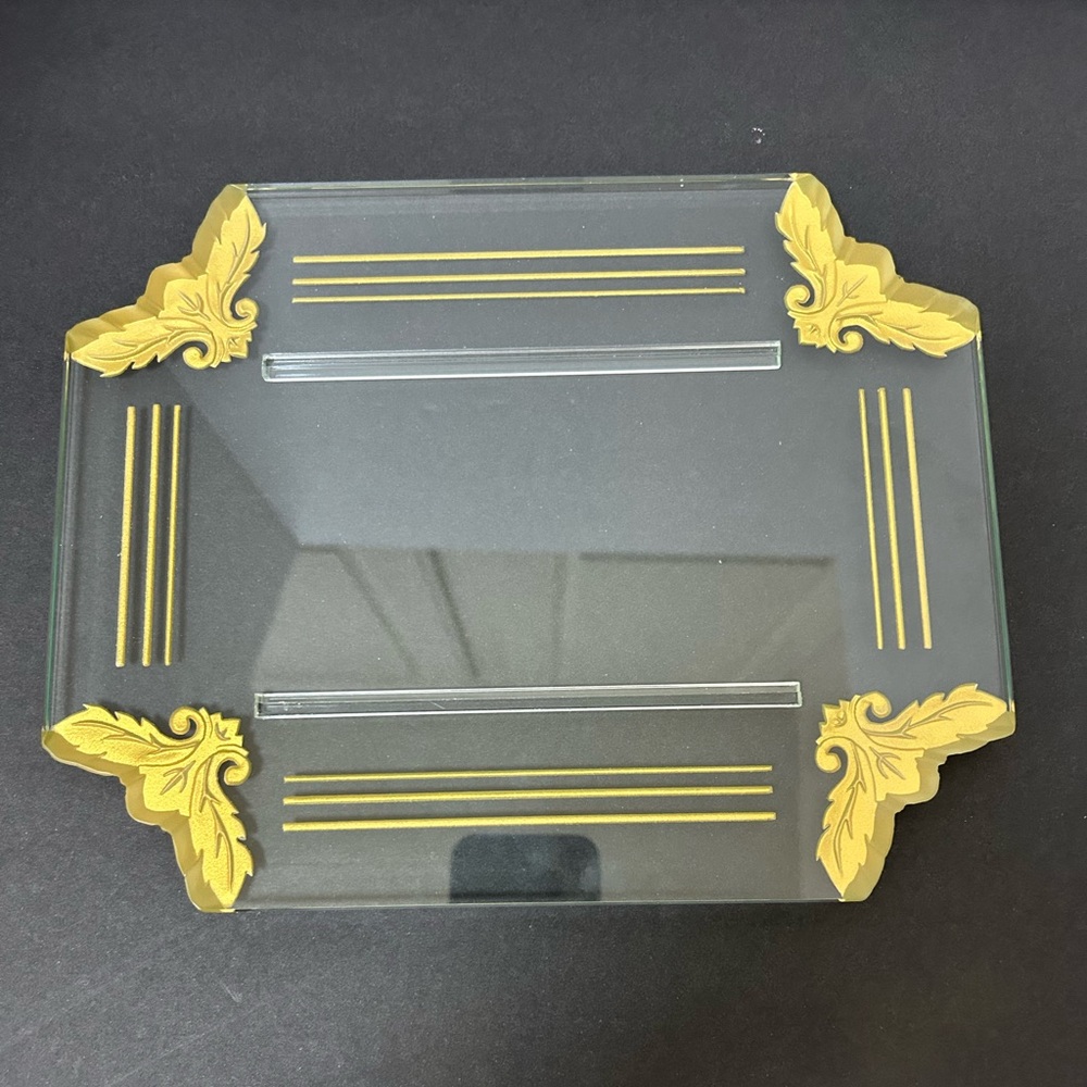 Art Deco Glass Gold Gilded Tray, Dresser Tray 10 1/2”. Vintage EUC